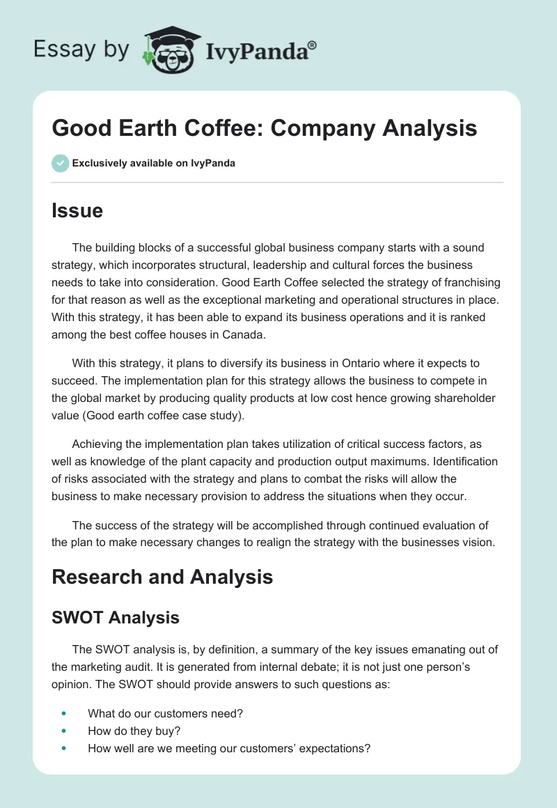 Good Earth Coffee: Company Analysis. Page 1