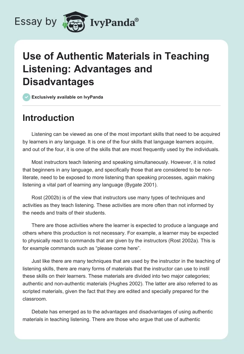 Use of Authentic Materials in Teaching Listening: Advantages and Disadvantages. Page 1
