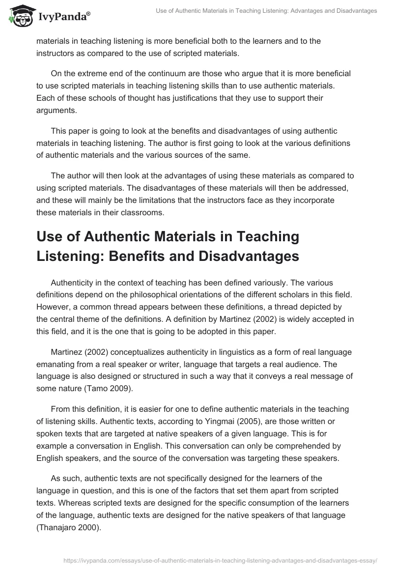 Use of Authentic Materials in Teaching Listening: Advantages and Disadvantages. Page 2