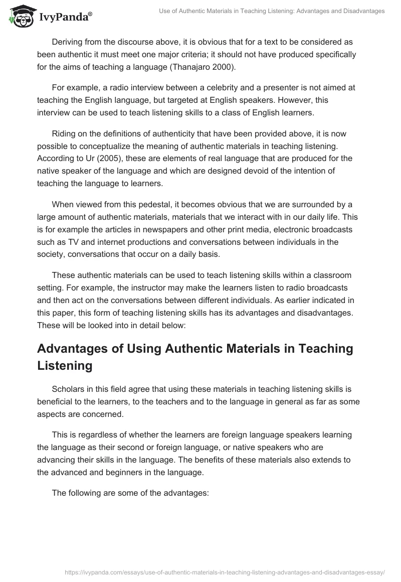 Use of Authentic Materials in Teaching Listening: Advantages and Disadvantages. Page 3