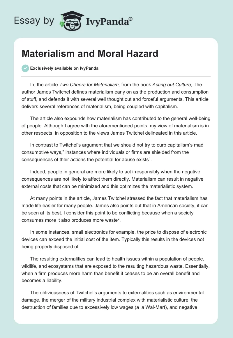 Materialism and Moral Hazard. Page 1