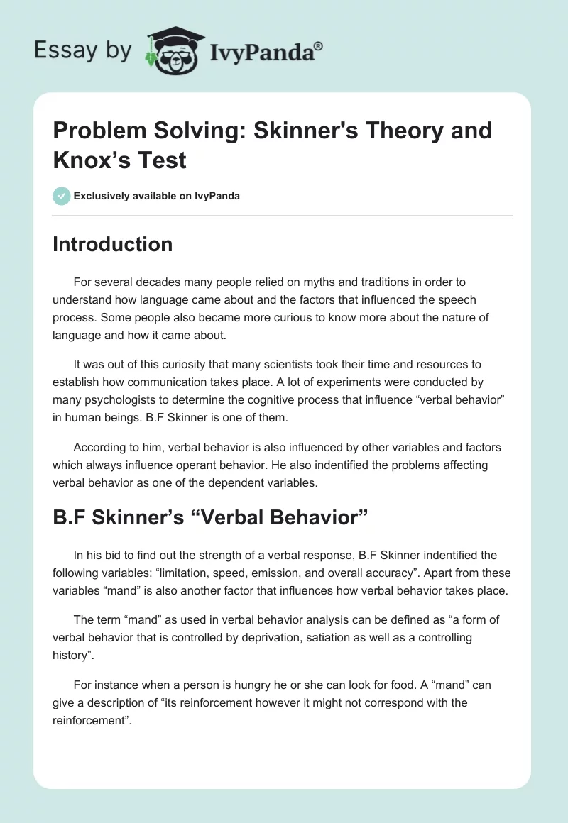 Problem Solving: Skinner's Theory and Knox’s Test. Page 1