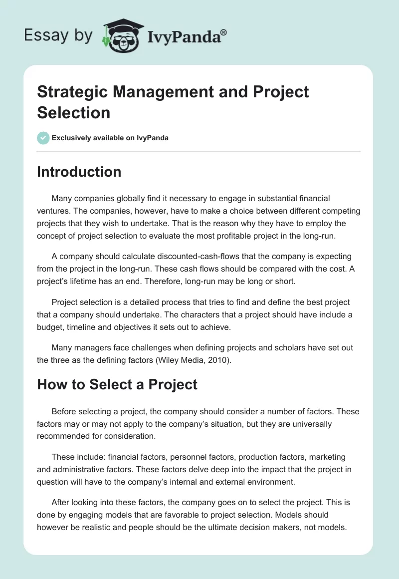Strategic Management and Project Selection. Page 1