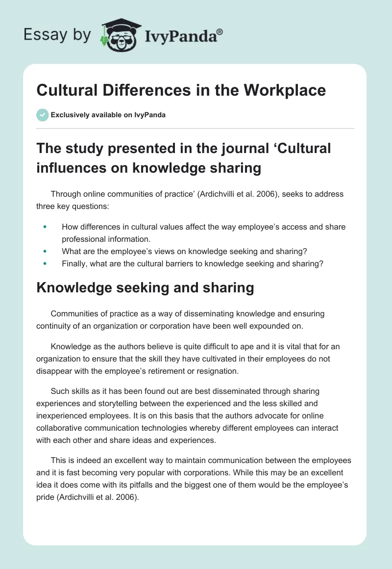 Cultural Differences in the Workplace. Page 1