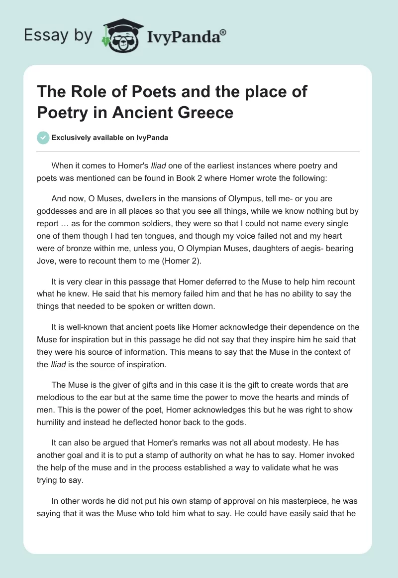 The Role of Poets and the Place of Poetry in Ancient Greece. Page 1