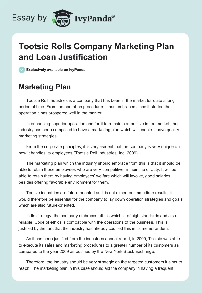 Tootsie Rolls Company Marketing Plan and Loan Justification. Page 1