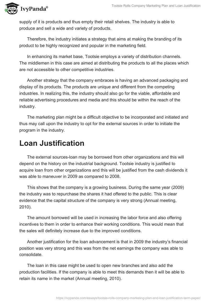 Tootsie Rolls Company Marketing Plan and Loan Justification. Page 2