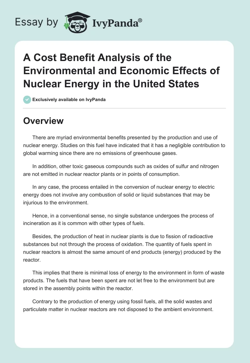 A Cost Benefit Analysis of the Environmental and Economic Effects of Nuclear Energy in the United States. Page 1
