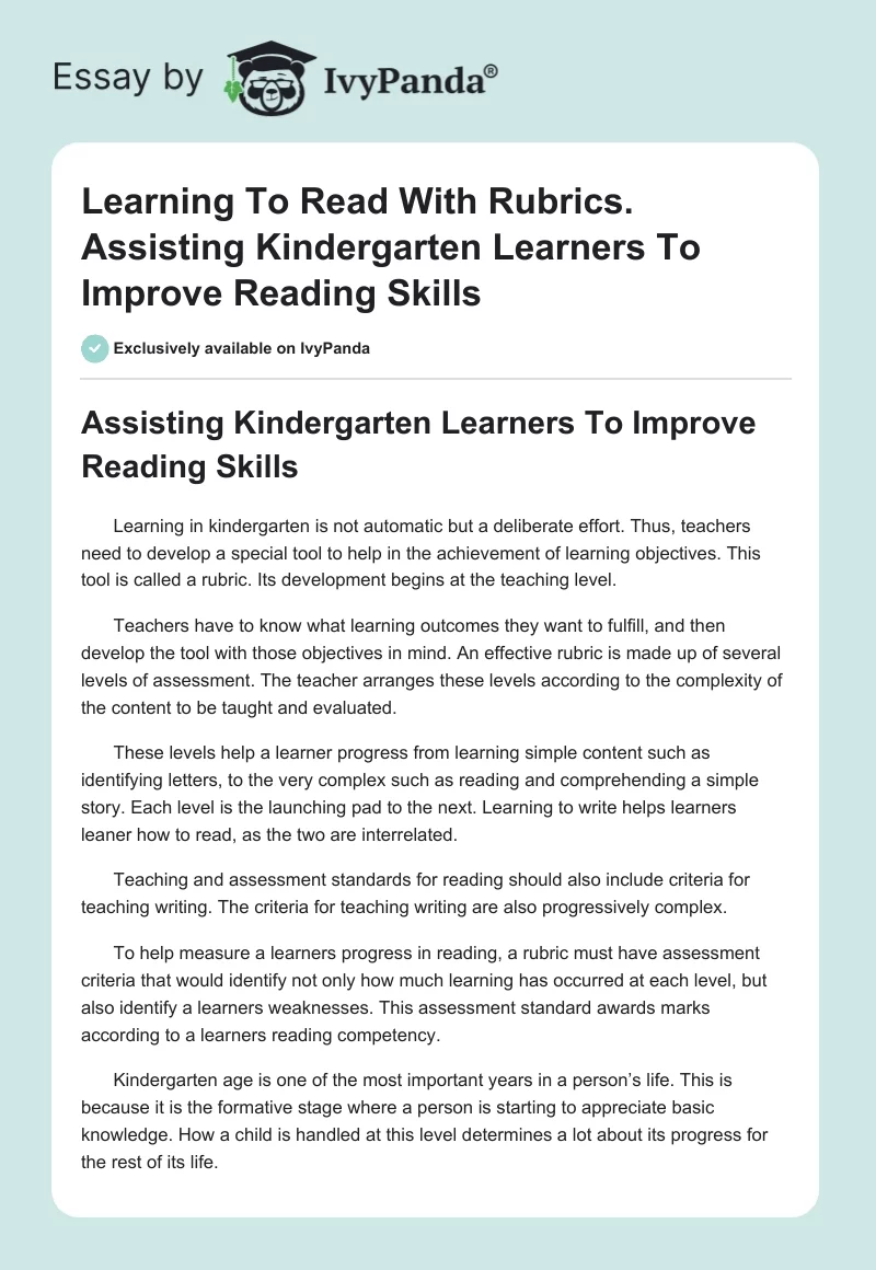 Learning To Read With Rubrics. Assisting Kindergarten Learners To Improve Reading Skills. Page 1