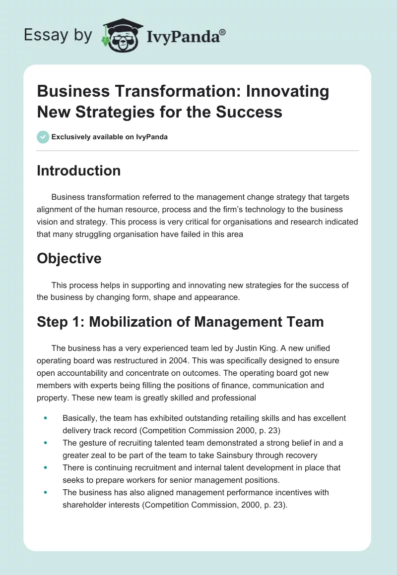 Business Transformation: Innovating New Strategies for the Success. Page 1