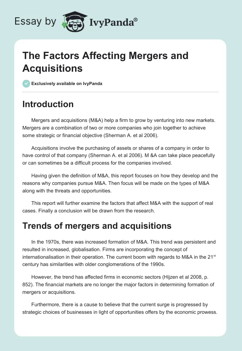 The Factors Affecting Mergers and Acquisitions. Page 1