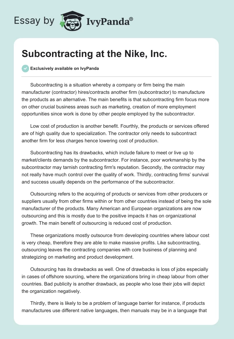 Subcontracting at the Nike, Inc.. Page 1