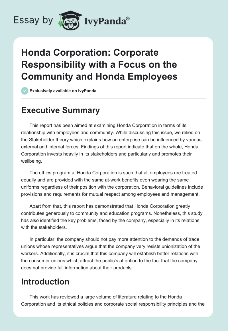 Honda Corporation: Corporate Responsibility With a Focus on the Community and Honda Employees. Page 1