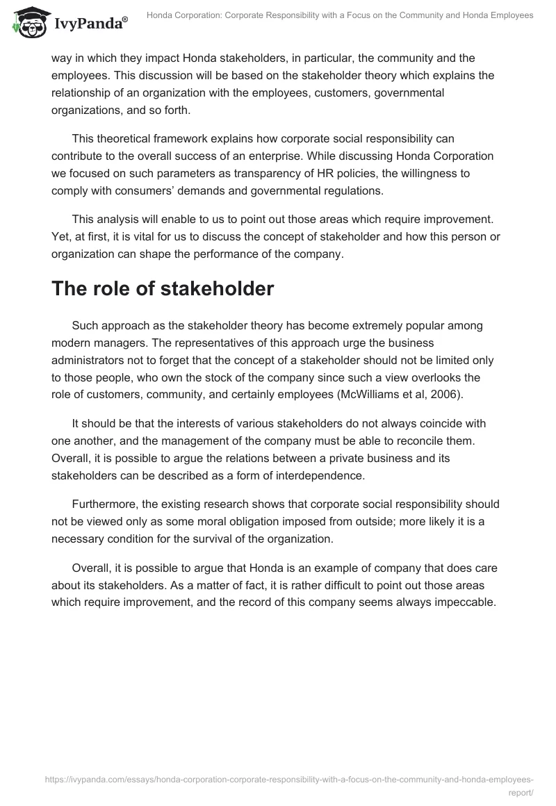 Honda Corporation: Corporate Responsibility With a Focus on the Community and Honda Employees. Page 2