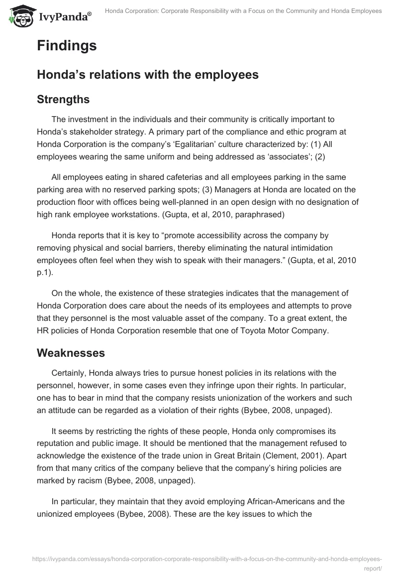 Honda Corporation: Corporate Responsibility With a Focus on the Community and Honda Employees. Page 3