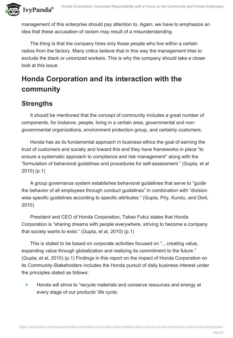 Honda Corporation: Corporate Responsibility With a Focus on the Community and Honda Employees. Page 4