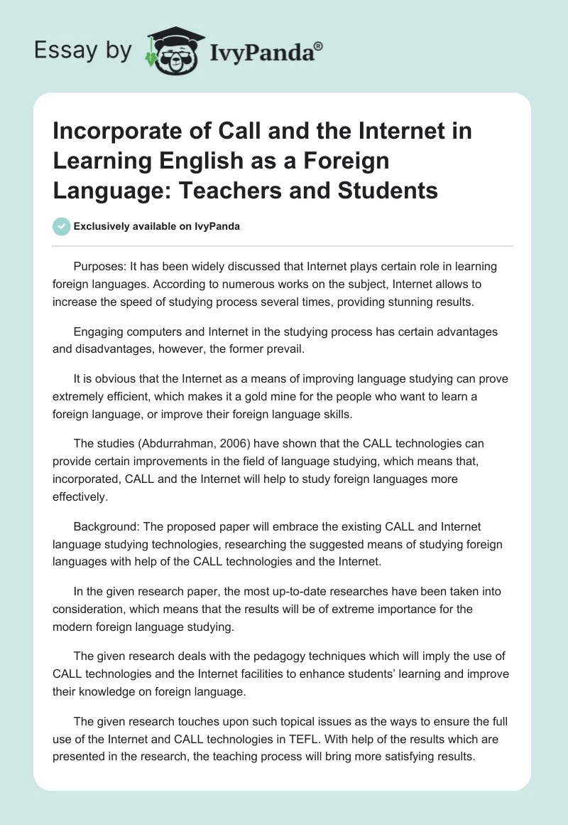 Incorporate of Call and the Internet in Learning English as a Foreign Language: Teachers and Students. Page 1
