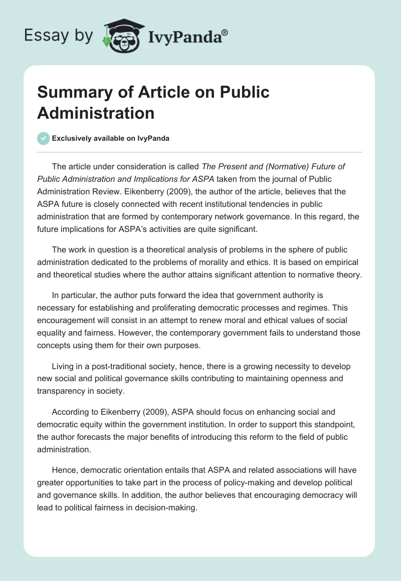 Summary of Article on Public Administration. Page 1