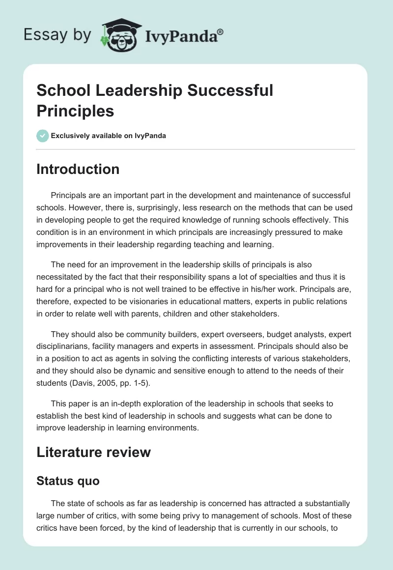 School Leadership Successful Principles. Page 1