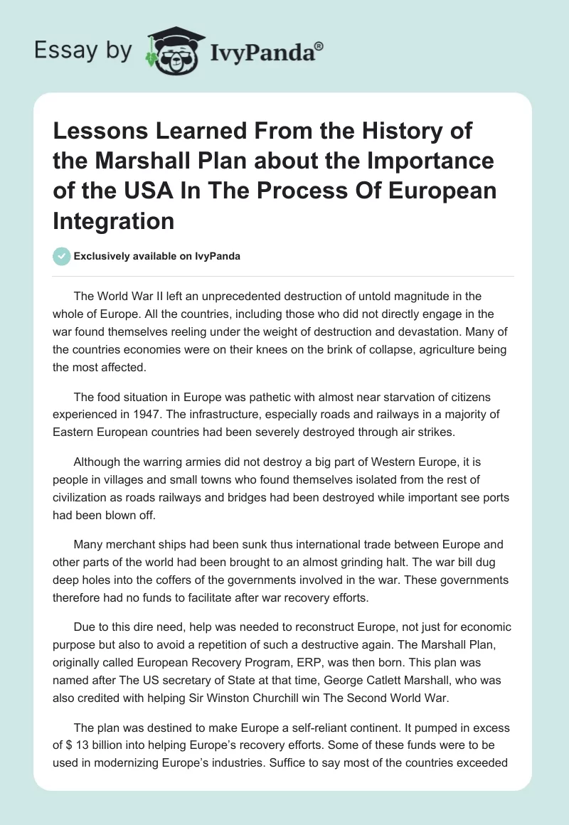 Lessons Learned From the History of the Marshall Plan About the Importance of the USA in the Process of European Integration. Page 1