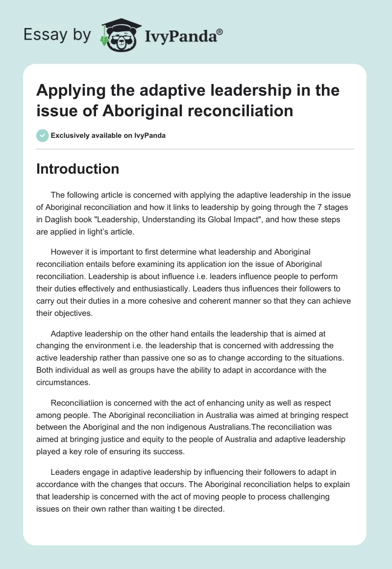 Applying the adaptive leadership in the issue of Aboriginal reconciliation. Page 1