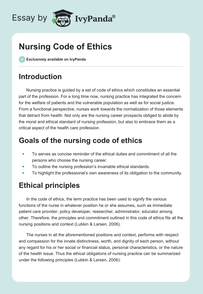 Nursing Code of Ethics. Page 1