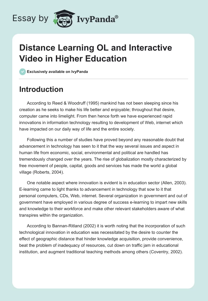 Distance Learning OL and Interactive Video in Higher Education. Page 1