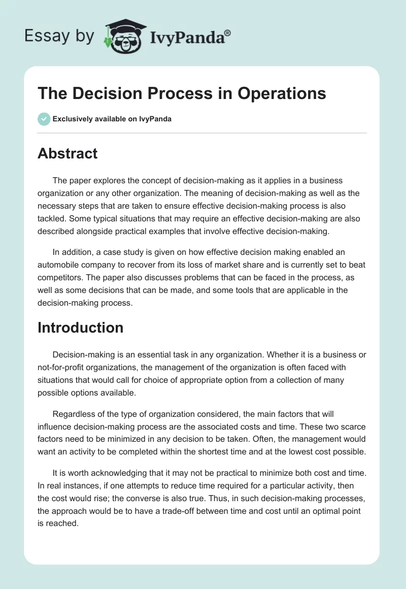 The Decision Process in Operations. Page 1
