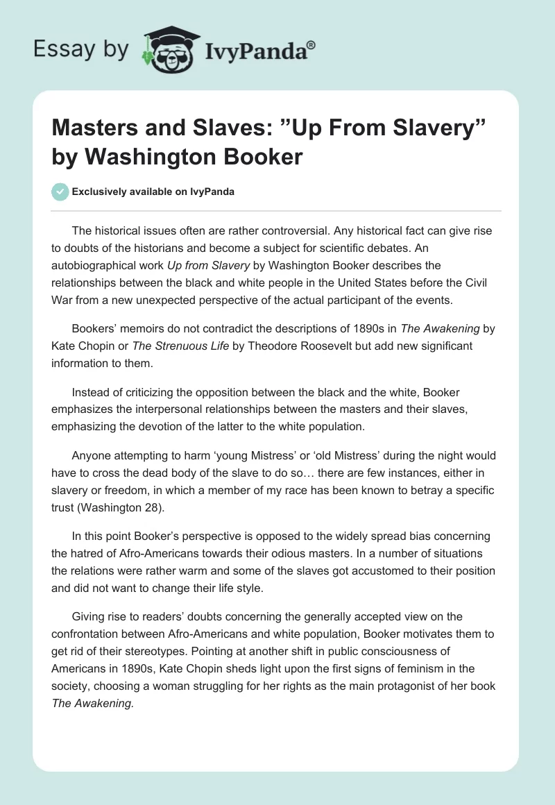 Masters and Slaves: ”Up From Slavery” by Washington Booker. Page 1