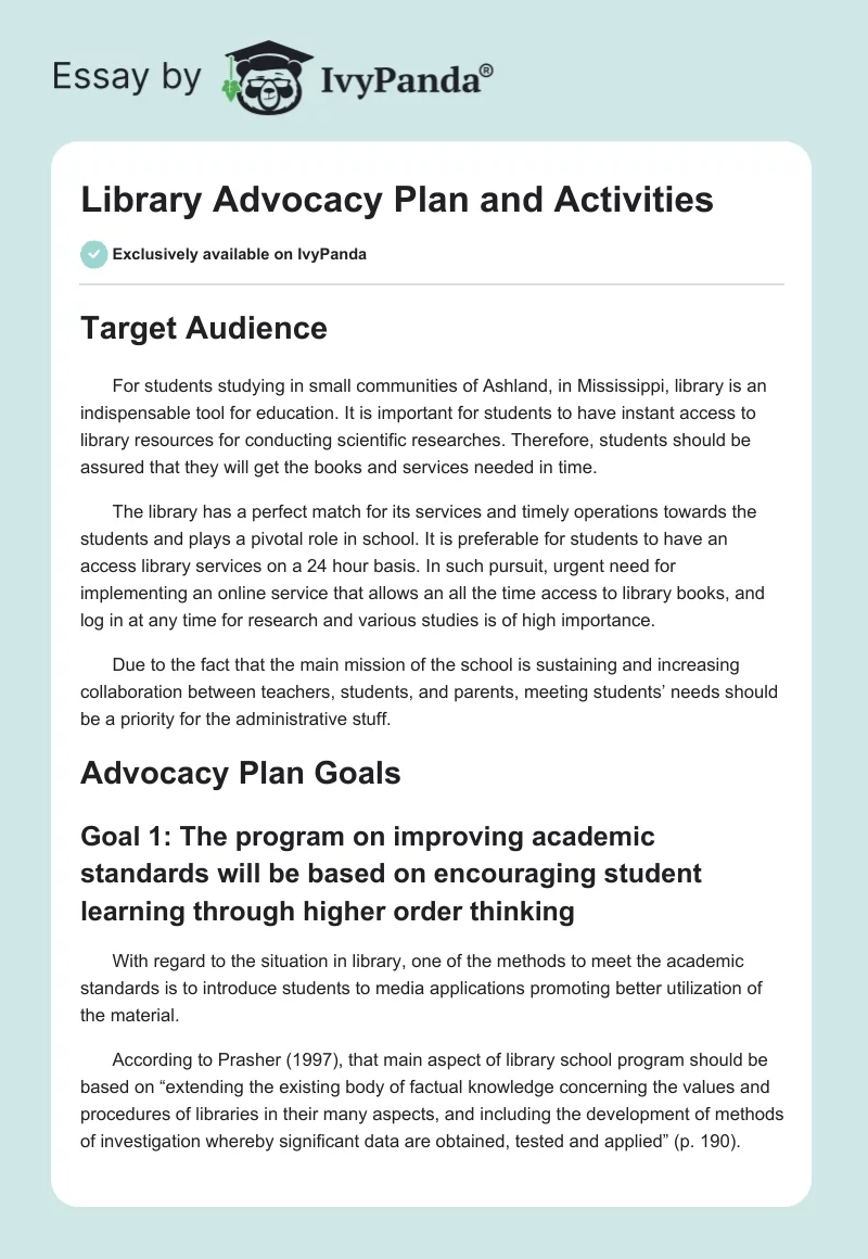 Library Advocacy Plan and Activities. Page 1