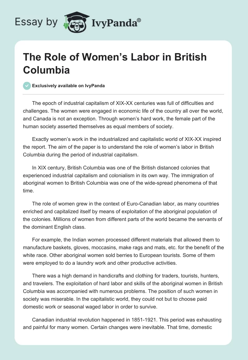 The Role of Women’s Labor in British Columbia. Page 1