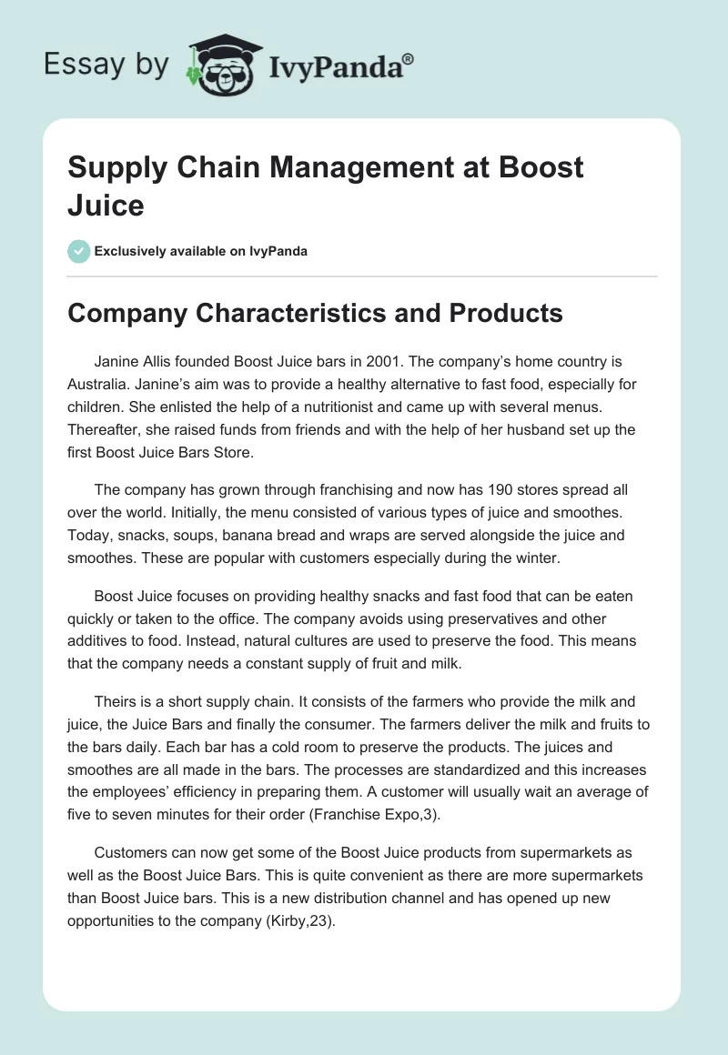 Supply Chain Management at Boost Juice. Page 1