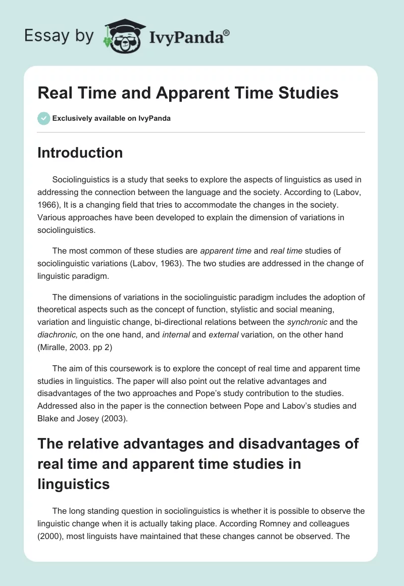 Real Time and Apparent Time Studies. Page 1
