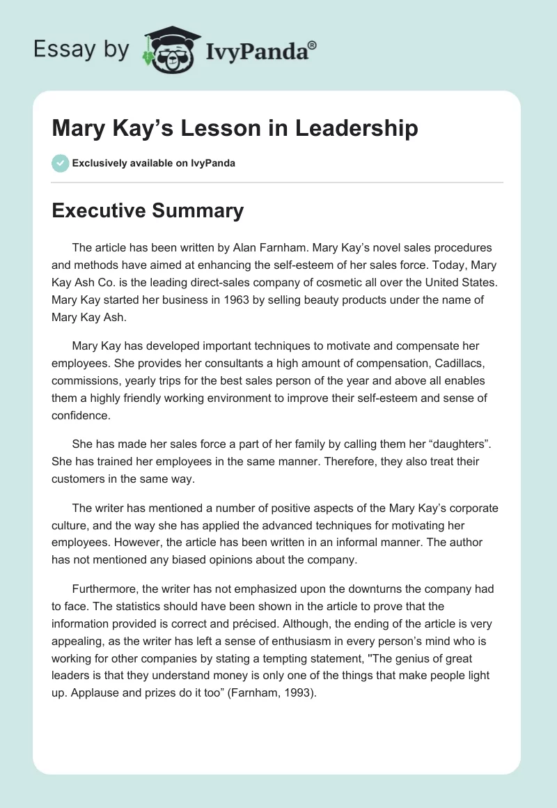 Mary Kay’s Lesson in Leadership. Page 1
