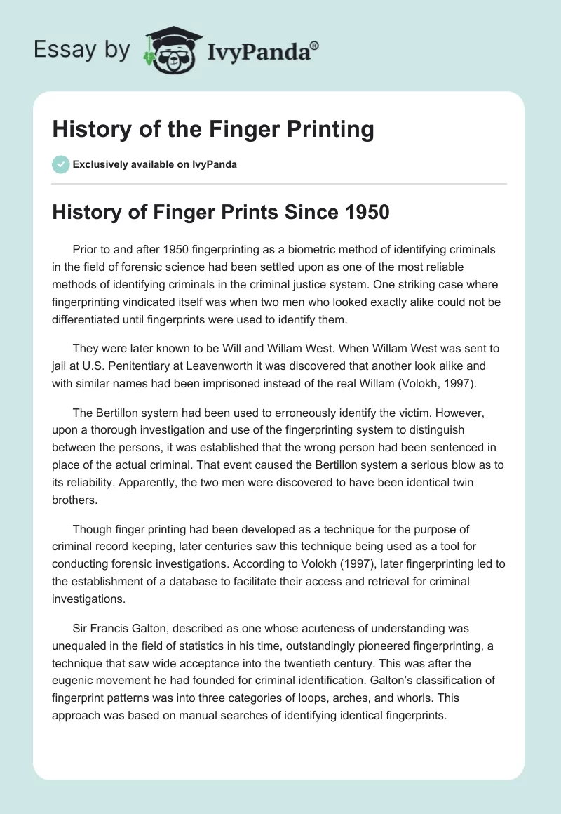 History of the Finger Printing. Page 1