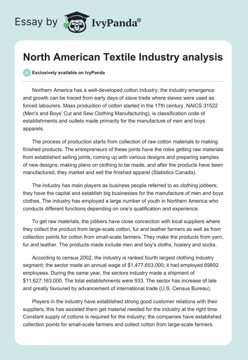North American Textile Industry analysis. Page 1