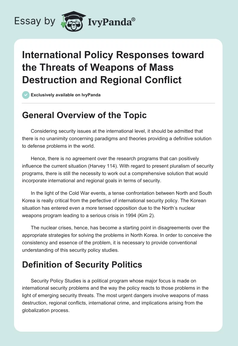 International Policy Responses Toward the Threats of Weapons of Mass Destruction and Regional Conflict. Page 1