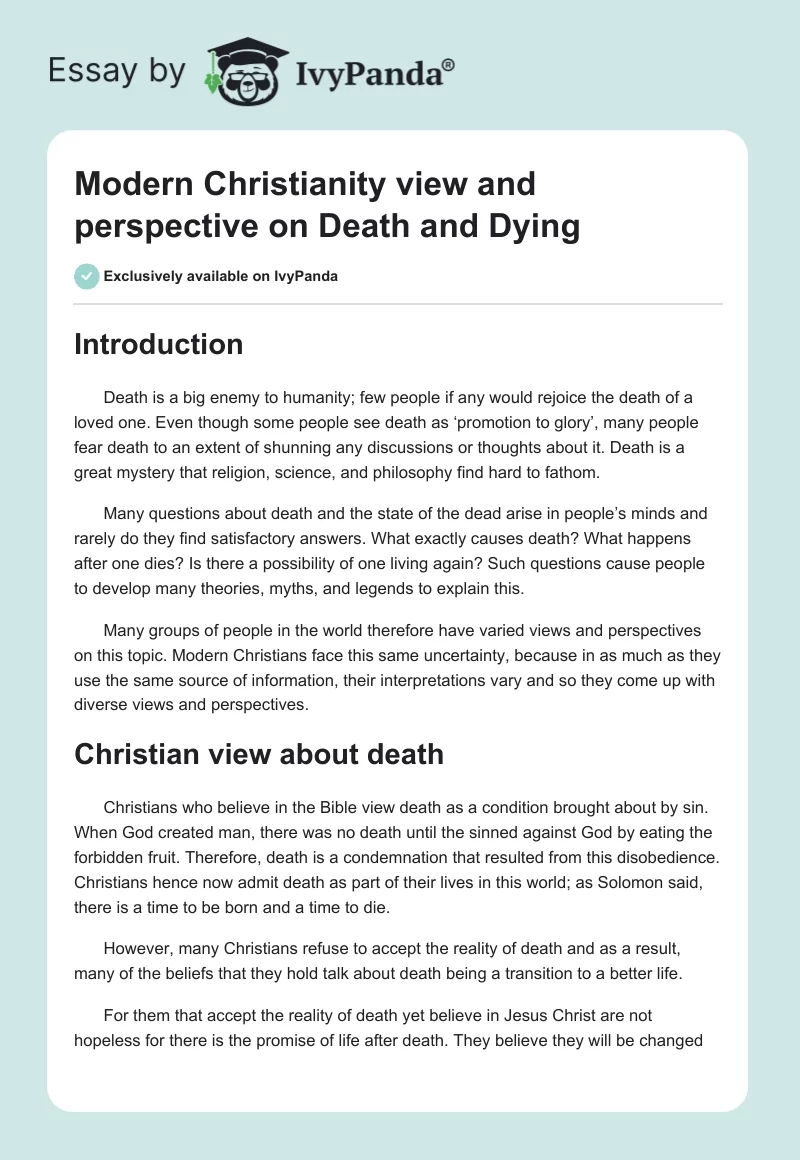 Modern Christianity View and Perspective on Death and Dying. Page 1