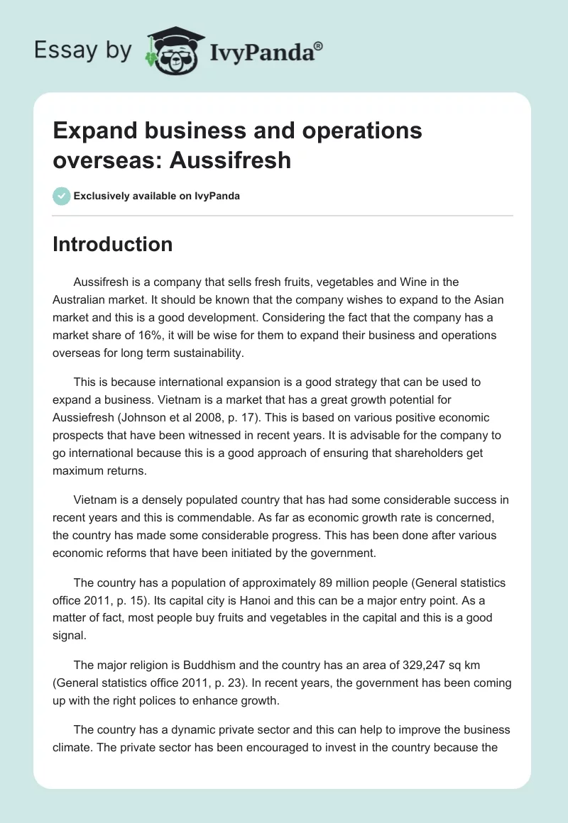 Expand business and operations overseas: Aussifresh. Page 1