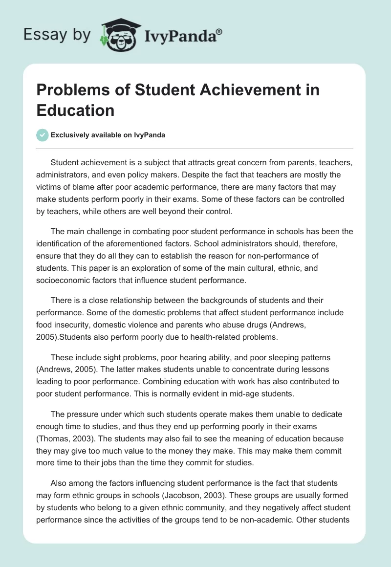 Problems of Student Achievement in Education. Page 1