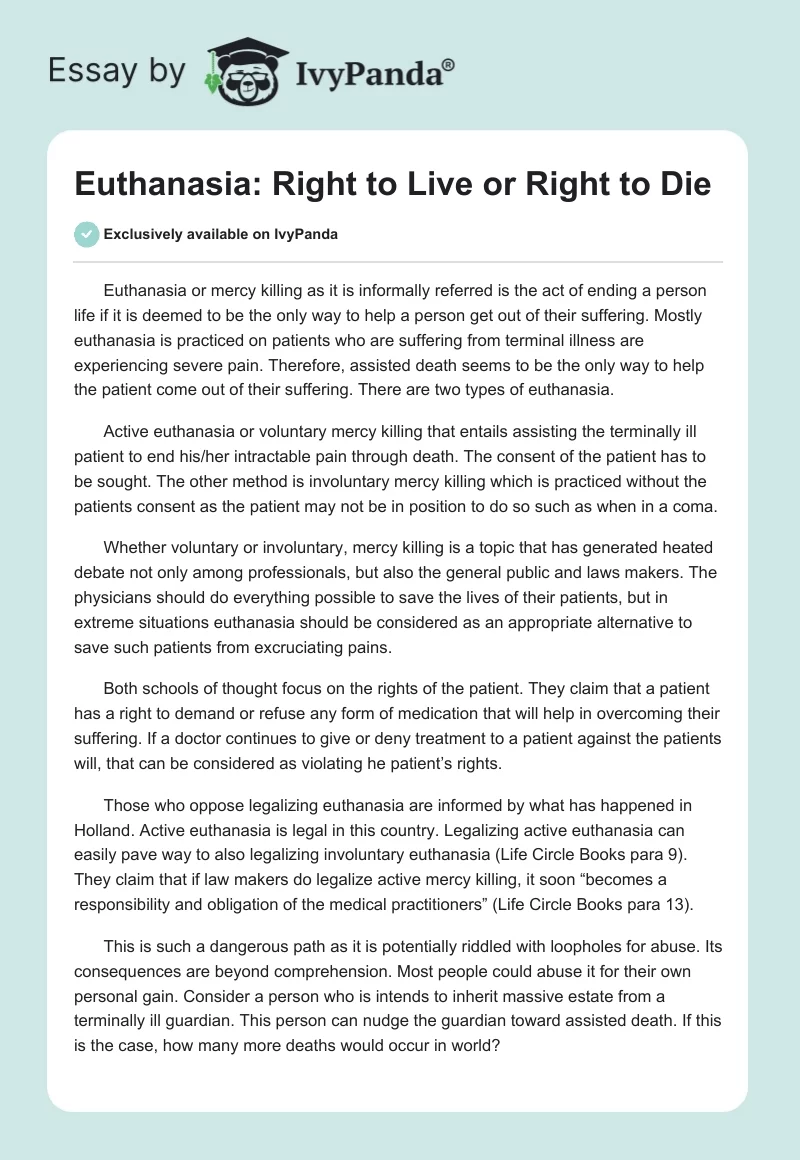 Euthanasia: Right to Live or Right to Die. Page 1