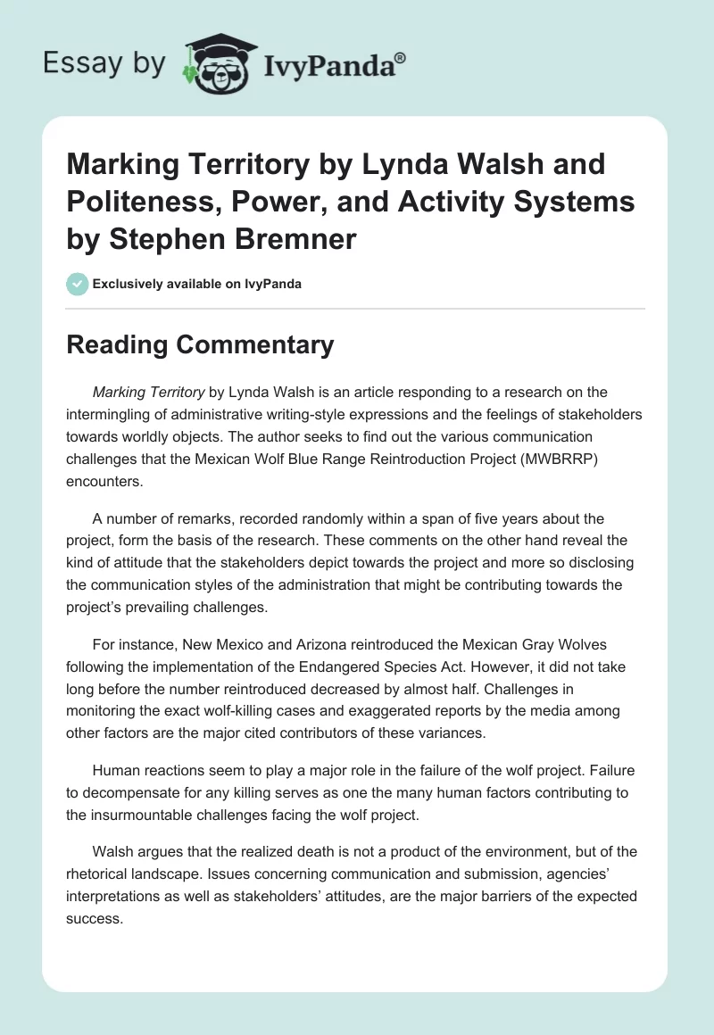 Marking Territory by Lynda Walsh and Politeness, Power, and Activity Systems by Stephen Bremner. Page 1