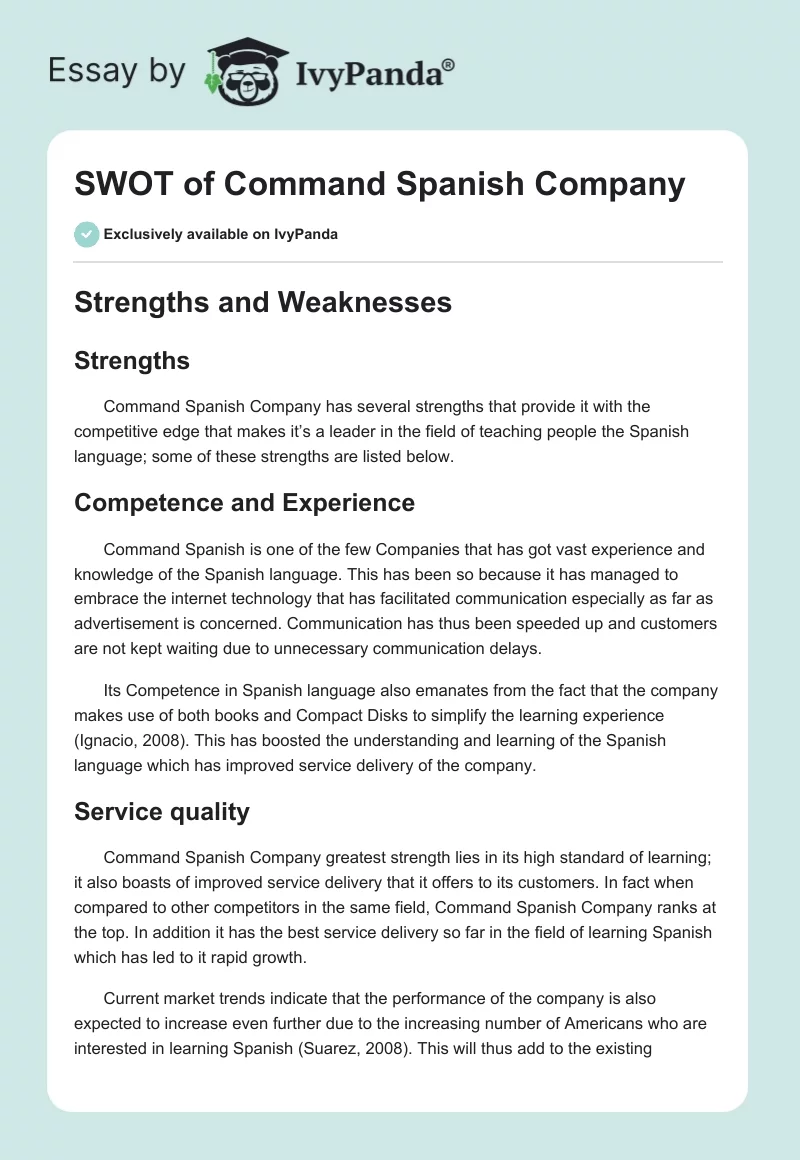 SWOT of Command Spanish Company. Page 1