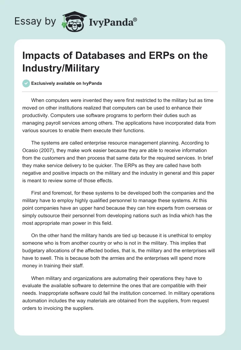 Impacts of Databases and ERPs on the Industry/Military. Page 1