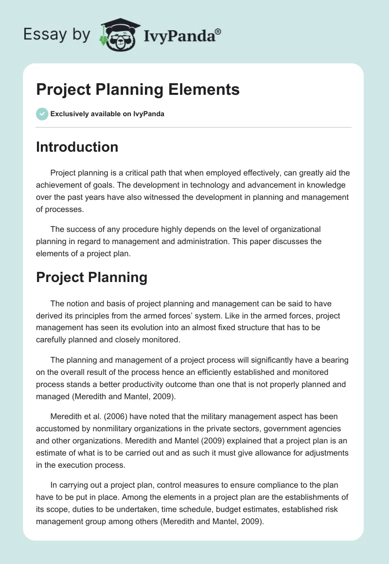 Project Planning Elements. Page 1