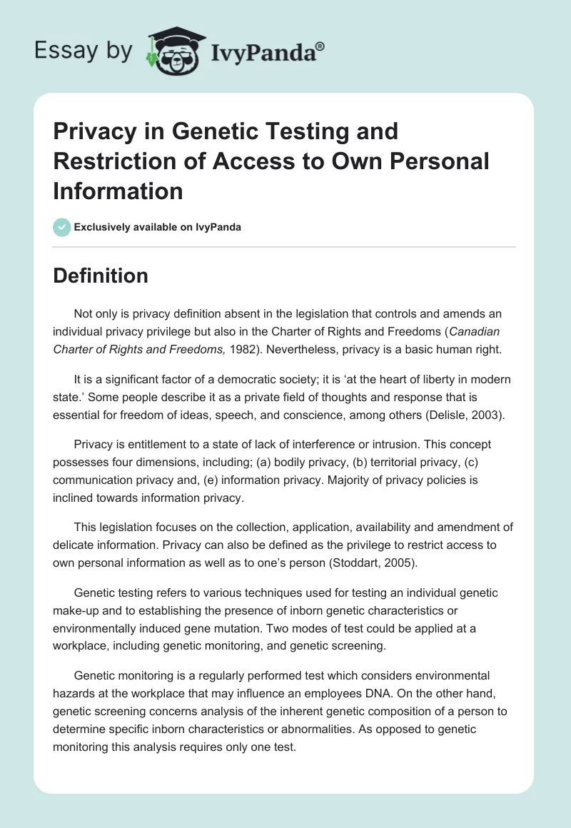 Privacy in Genetic Testing and Restriction of Access to Own Personal Information. Page 1
