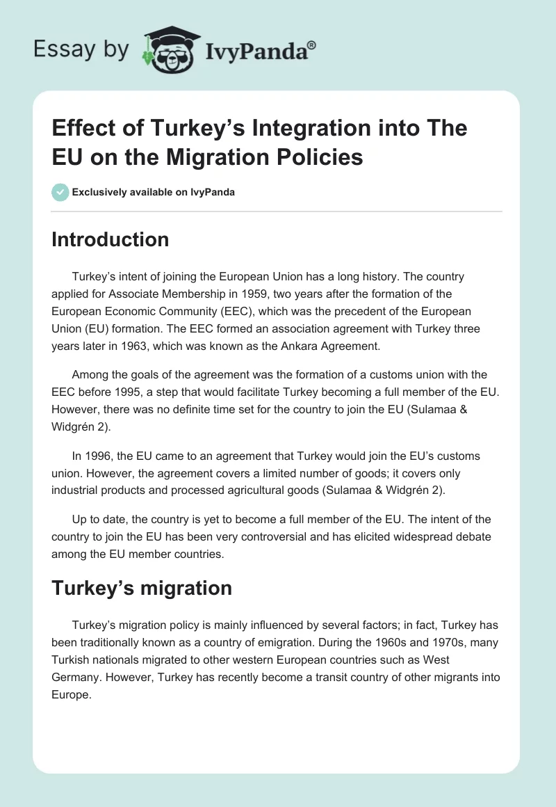 Effect of Turkey’s Integration into The EU on the Migration Policies. Page 1