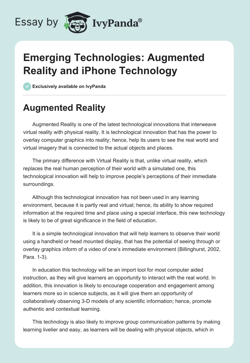 Emerging Technologies: Augmented Reality and iPhone Technology. Page 1