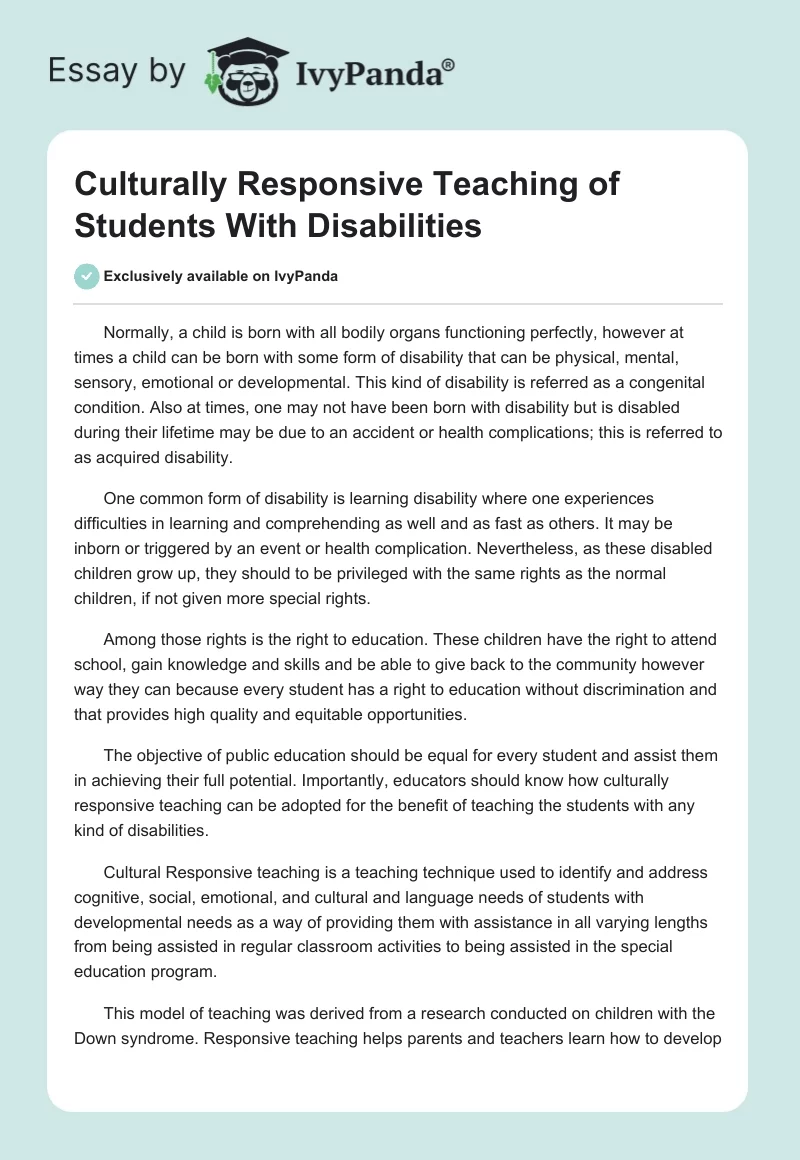 Culturally Responsive Teaching of Students With Disabilities. Page 1