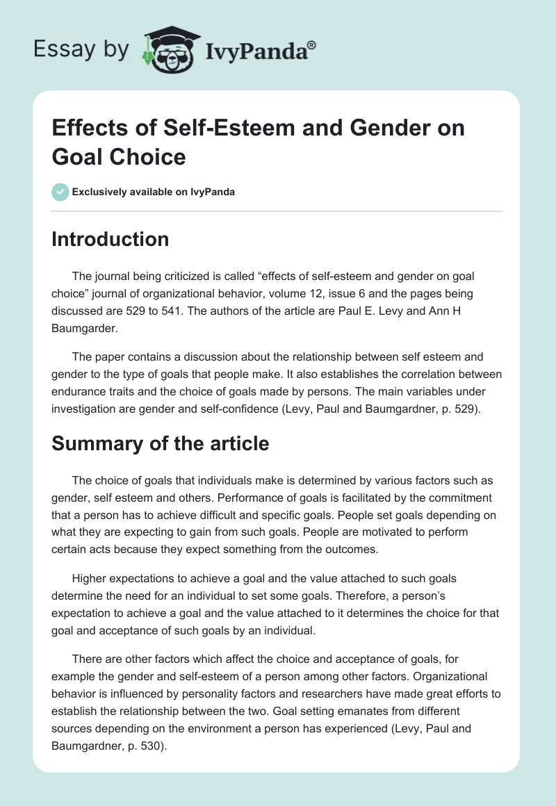 Effects of Self-Esteem and Gender on Goal Choice. Page 1